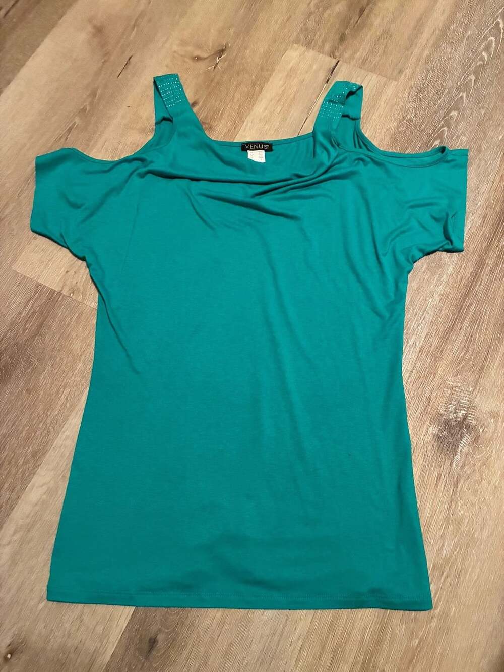 Venus Teal Cold Shoulder Short Sleeve Top with Studded Straps